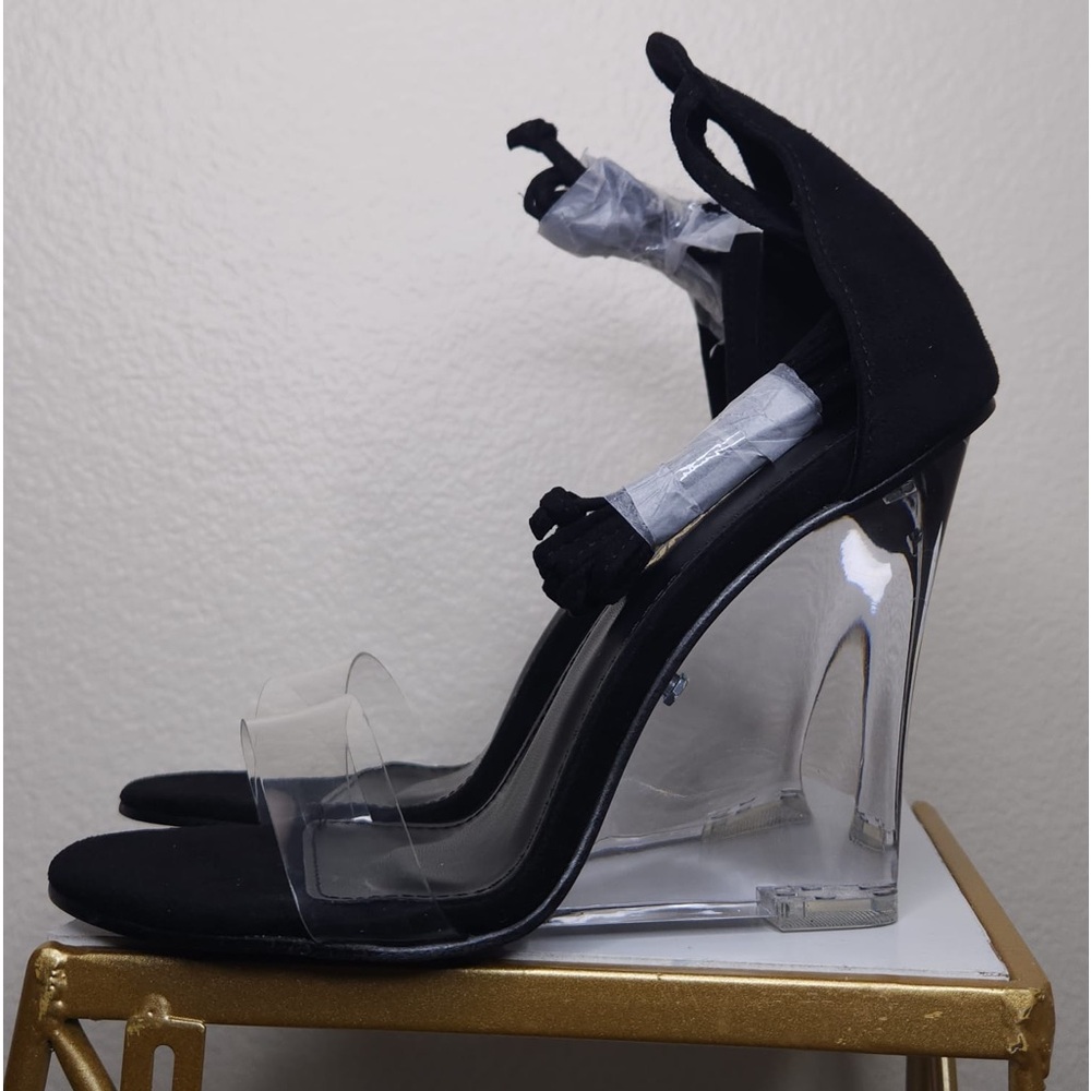 Strappy Lace Up Clear Wedge Heels